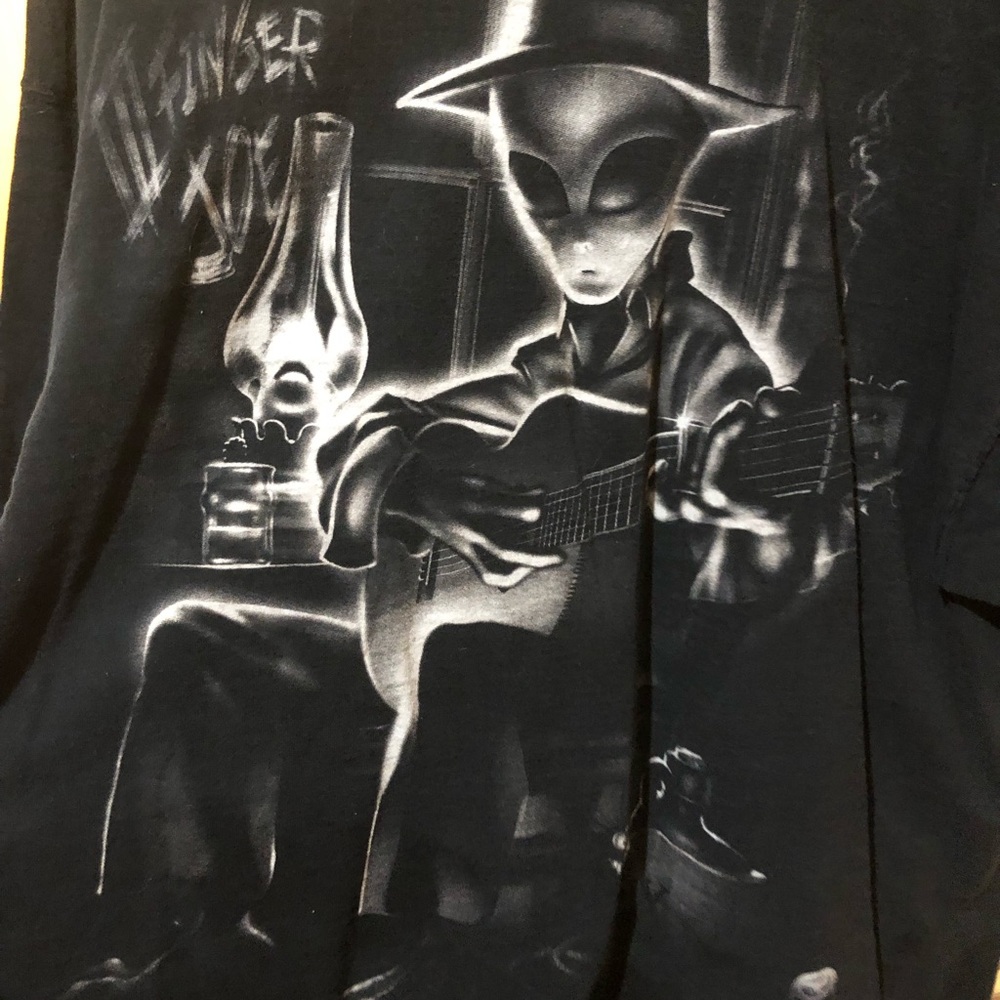 Vintage 1997 Liquid Blue Alien Guitar T-shirt  XL 2 Sided USA Tee 3 Finger Joe - Picture 3 of 12